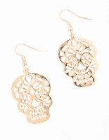 Gold Diamante Cut Out Skull Drop Earrings