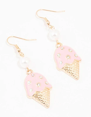 Gold Pearl & Pink Ice Cream Drop Earrings