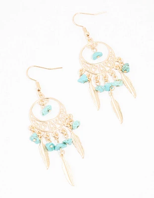 Turquoise Semi Precious Dream Catcher Gold Drop Earrings