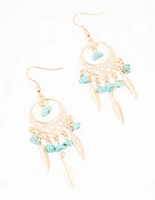 Turquoise Semi Precious Dream Catcher Gold Drop Earrings