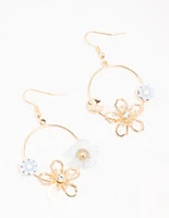 Gold Acrylic Blue Flower Round Drop Earrings