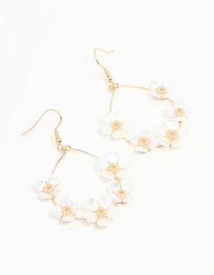 White Pearlised Flower Teardrop Gold Earrings