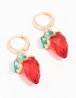 Gold Clicker Red Strawberry Drop Earrings