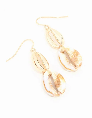 Gold Double Shell Drop Earrings