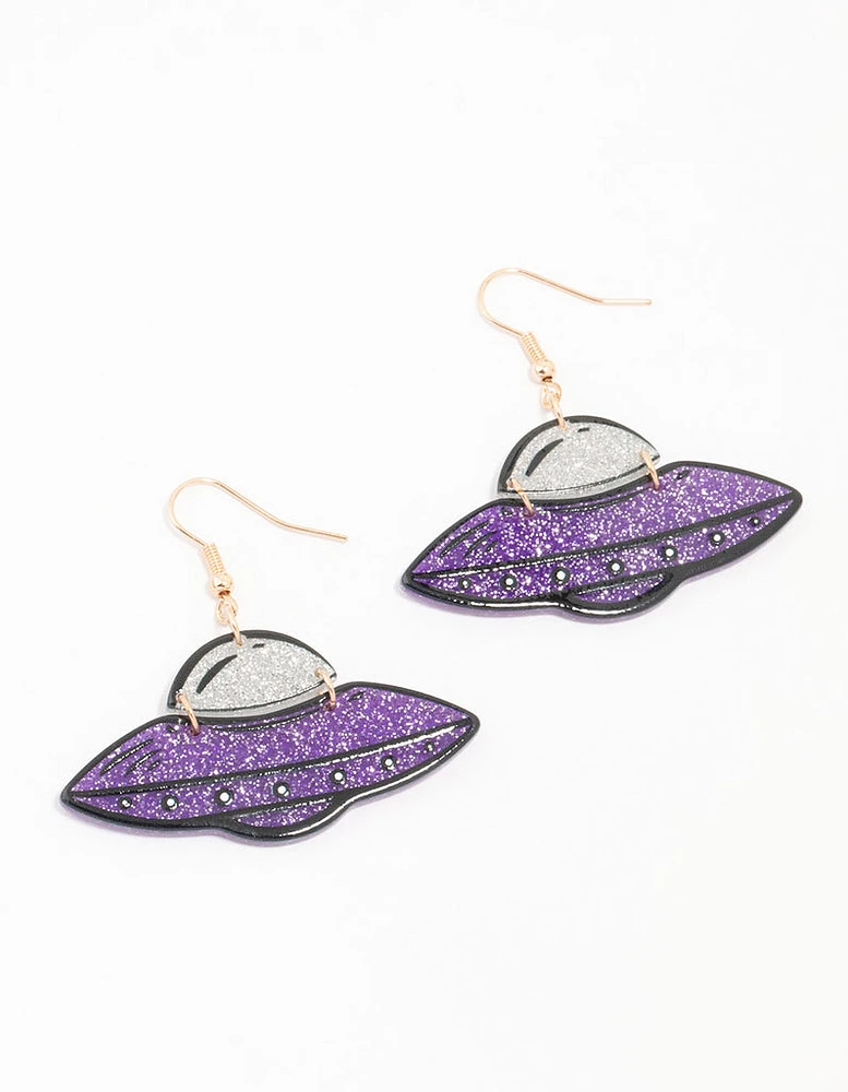 Purple Acrylic Spaceship Drop Earrings