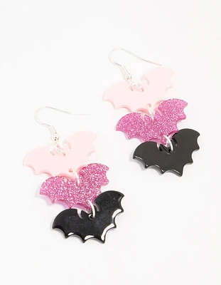 Acrylic Pink & Black Glitter Bat Drop Earrings