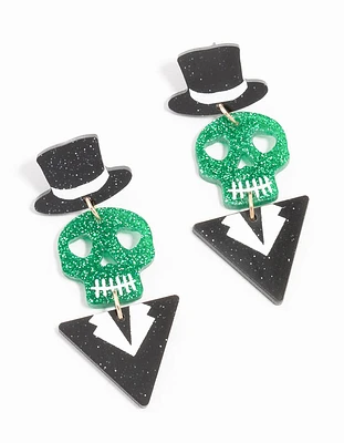 Acrylic Black & Green Glitter Skull Suit Drop Earrings