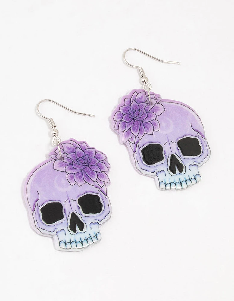 Purple & Blue Acrylic Flower Skull Drop Earrings