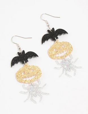 Acrylic Glitter Bat, Pumpkin & Spider Drop Earrings