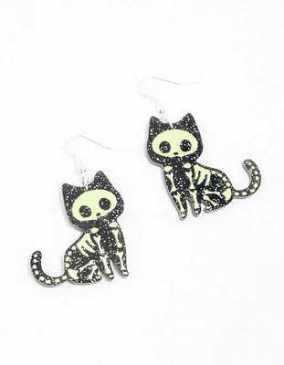 Acrylic Glitter Skeleton Cat Drop Earrings