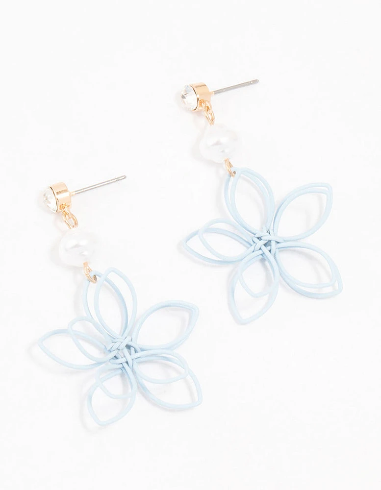 Blue Coated Wire Flower Pearl Drop Earrings