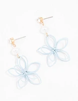 Blue Coated Wire Flower Pearl Drop Earrings