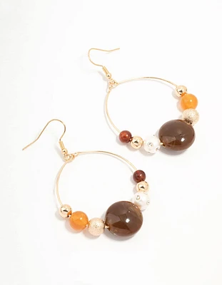 Brown Beaded & Pearl Acrylic Round Drop Earrings