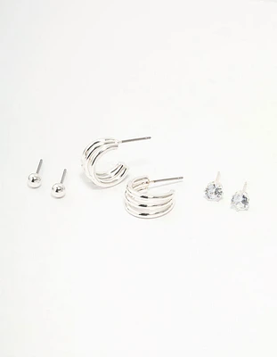 Silver Diamante Triple Hoop Stud Earrings 3-Pack