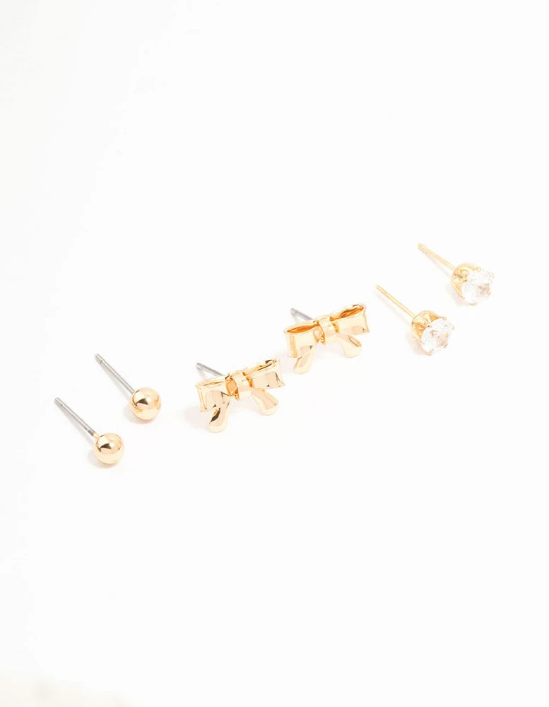 Gold Diamante, Sleek & Bow Stud Earrings 3-Pack