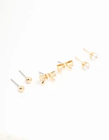 Gold Diamante, Sleek & Bow Stud Earrings 3-Pack