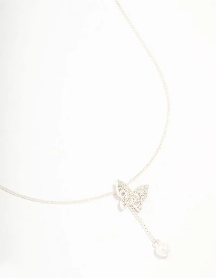 Silver Diamante Butterfly & Pearl Y-Necklace