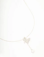 Silver Diamante Butterfly & Pearl Y-Necklace