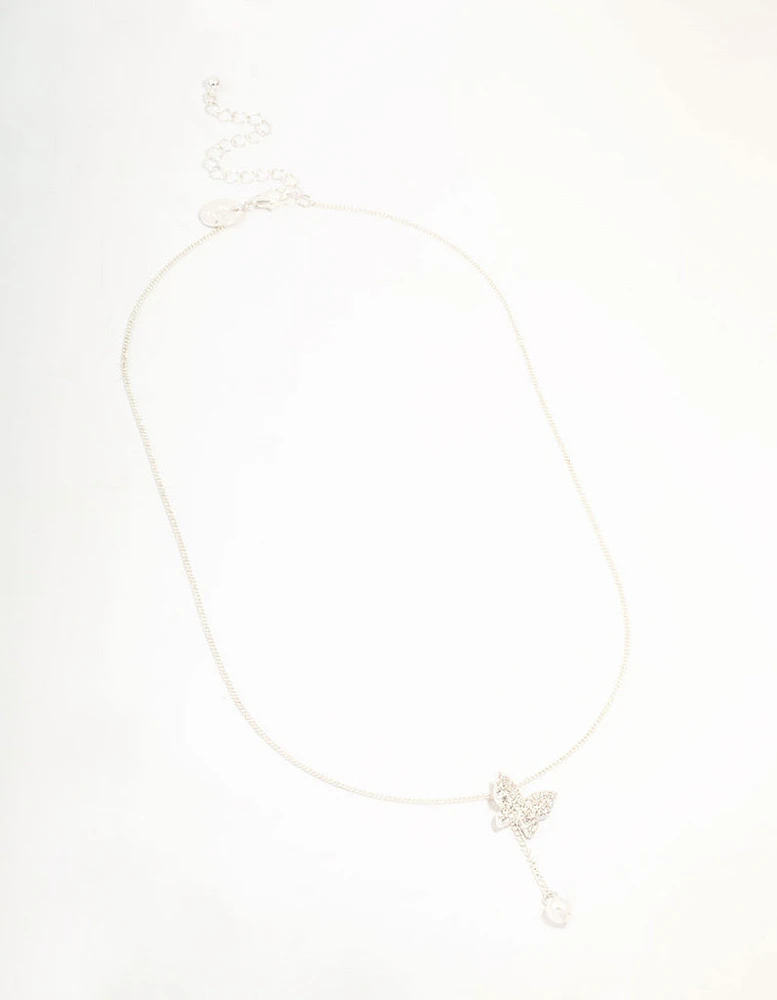 Silver Diamante Butterfly & Pearl Y-Necklace