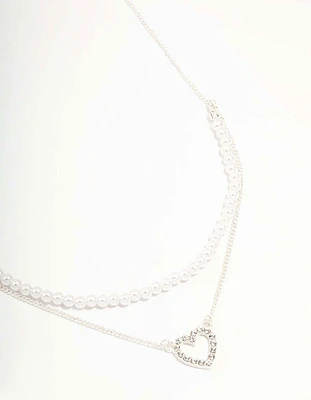 Silver Pearl & Diamante Heart Layered Necklace