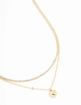 Gold Diamante & Puffy Heart Layered Necklace