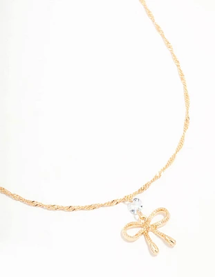 Gold Twisted Diamante Bow Chain Necklace