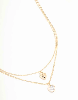 Gold Puffy Heart & Diamante Layered Necklace