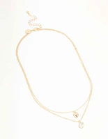 Gold Puffy Heart & Diamante Layered Necklace