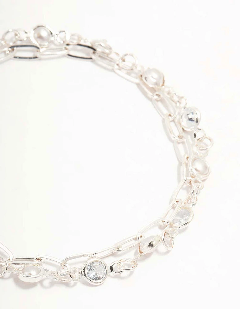 Silver Layered Link & Diamante Bracelet