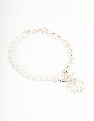 Silver Chain Pearl Heart T & O Bracelet