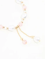 Pink & Gold Beads & Pearls Stretch Bracelet