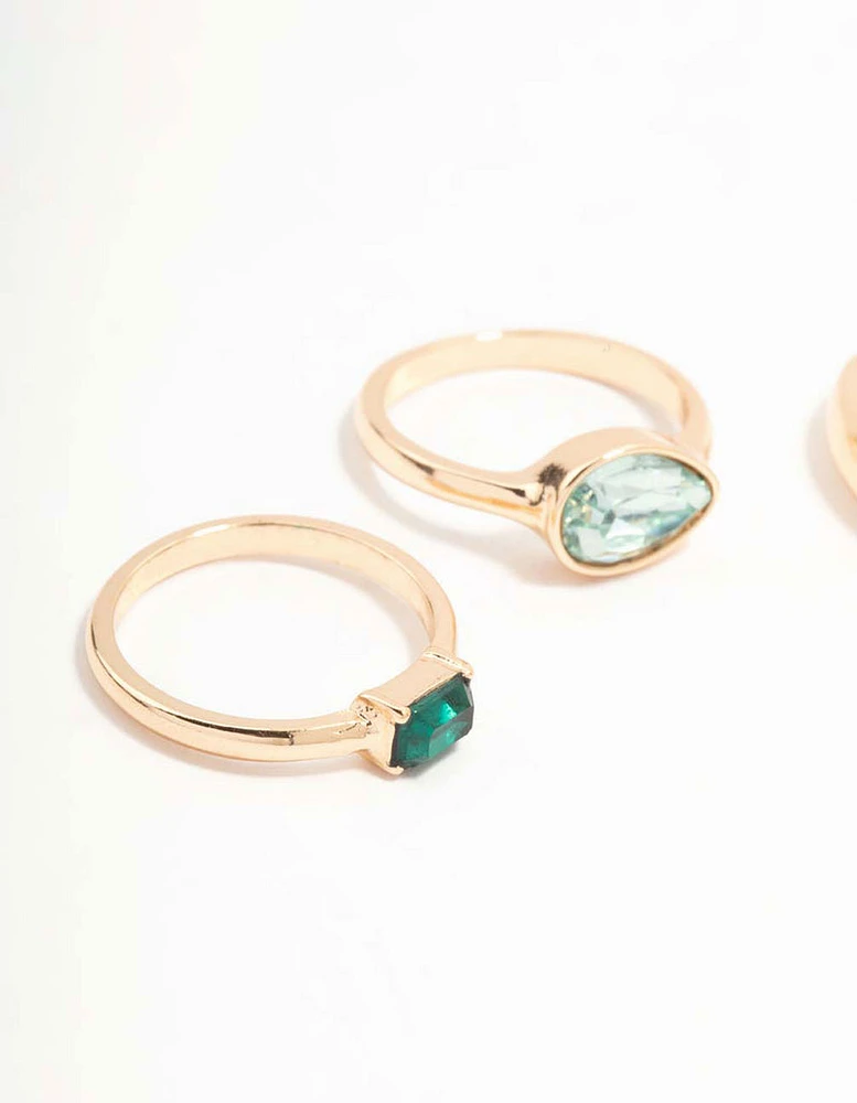 Green Diamante Gold Rings 3-Pack