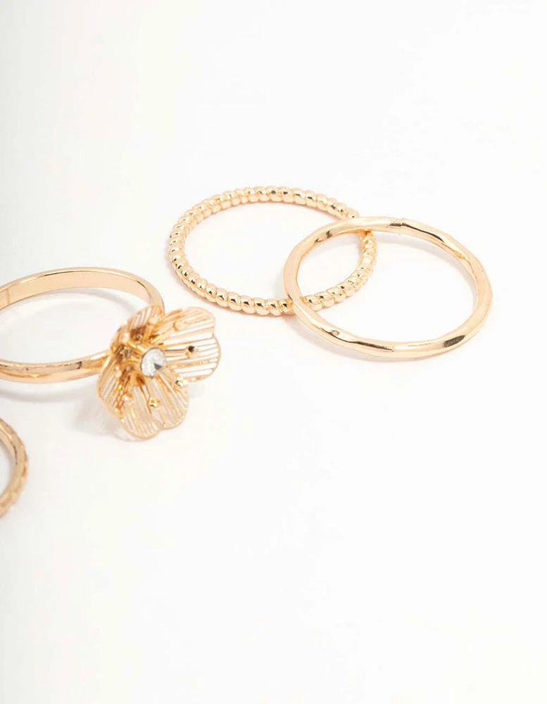 Gold Diamante Wire Flower Rings 4-Pack