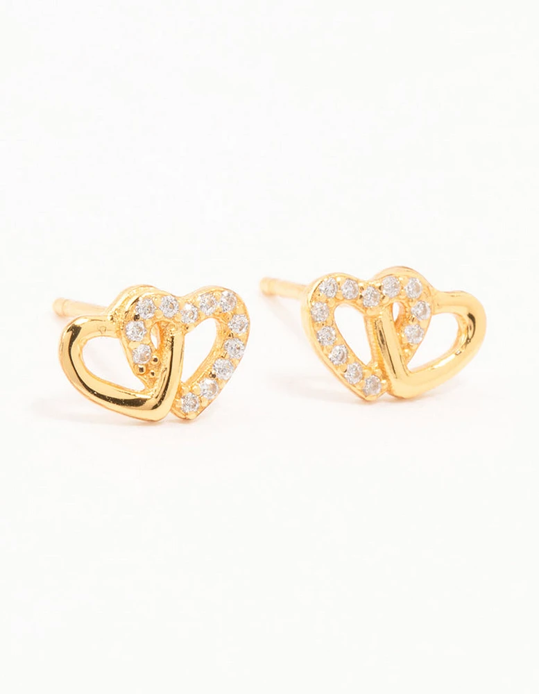 Gold Plated Sterling Silver Heart Cubic Zirconia Stud Earrings