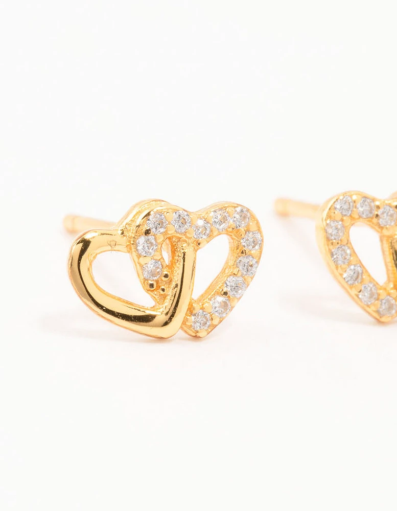 Gold Plated Sterling Silver Heart Cubic Zirconia Stud Earrings