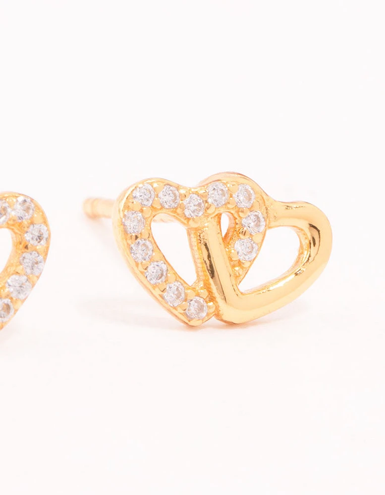 Gold Plated Sterling Silver Heart Cubic Zirconia Stud Earrings