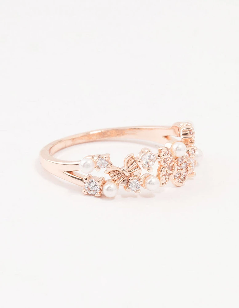 Rose Plated Gold Butterfly Pearl Band Ring