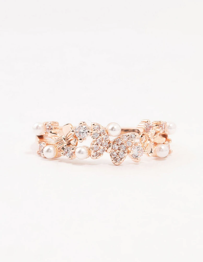 Rose Plated Gold Butterfly Pearl Band Ring