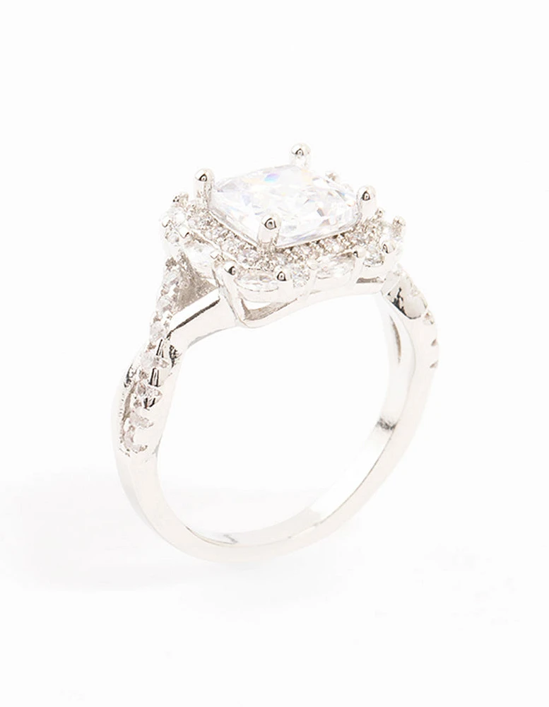 Rhodium Princess Cubic Zirconia Halo Ring