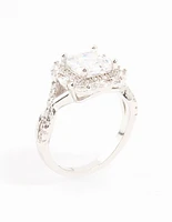 Rhodium Princess Cubic Zirconia Halo Ring