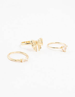 Gold Plated Bow Cubic Zirconia & Heart Rings 3-Pack