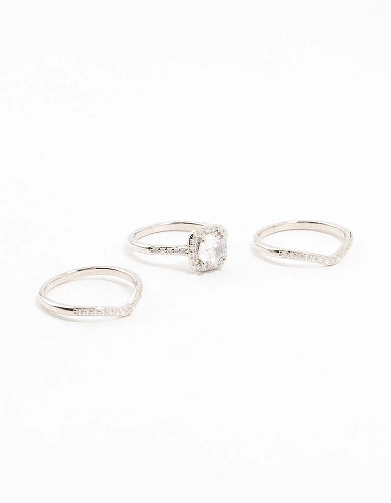 Rhodium Pointed & Halo Ring Pack