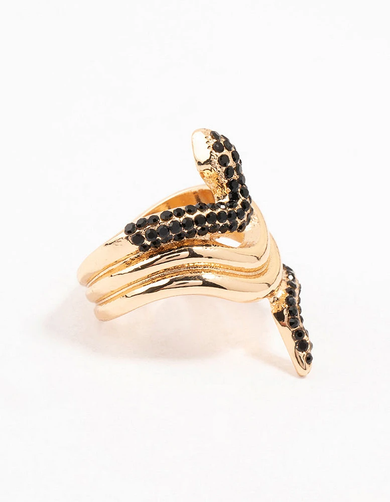 Black Diamante & Gold Stacked Snake Ring