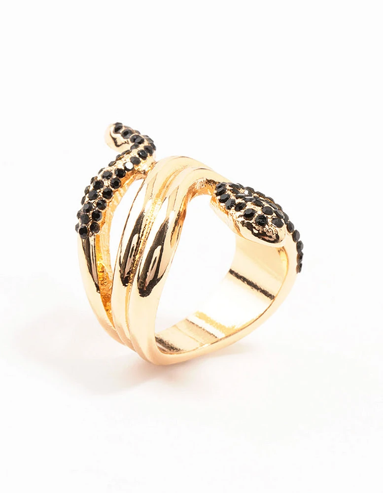 Black Diamante & Gold Stacked Snake Ring