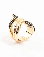 Black Diamante & Gold Stacked Snake Ring