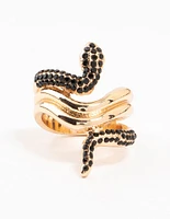 Black Diamante & Gold Stacked Snake Ring