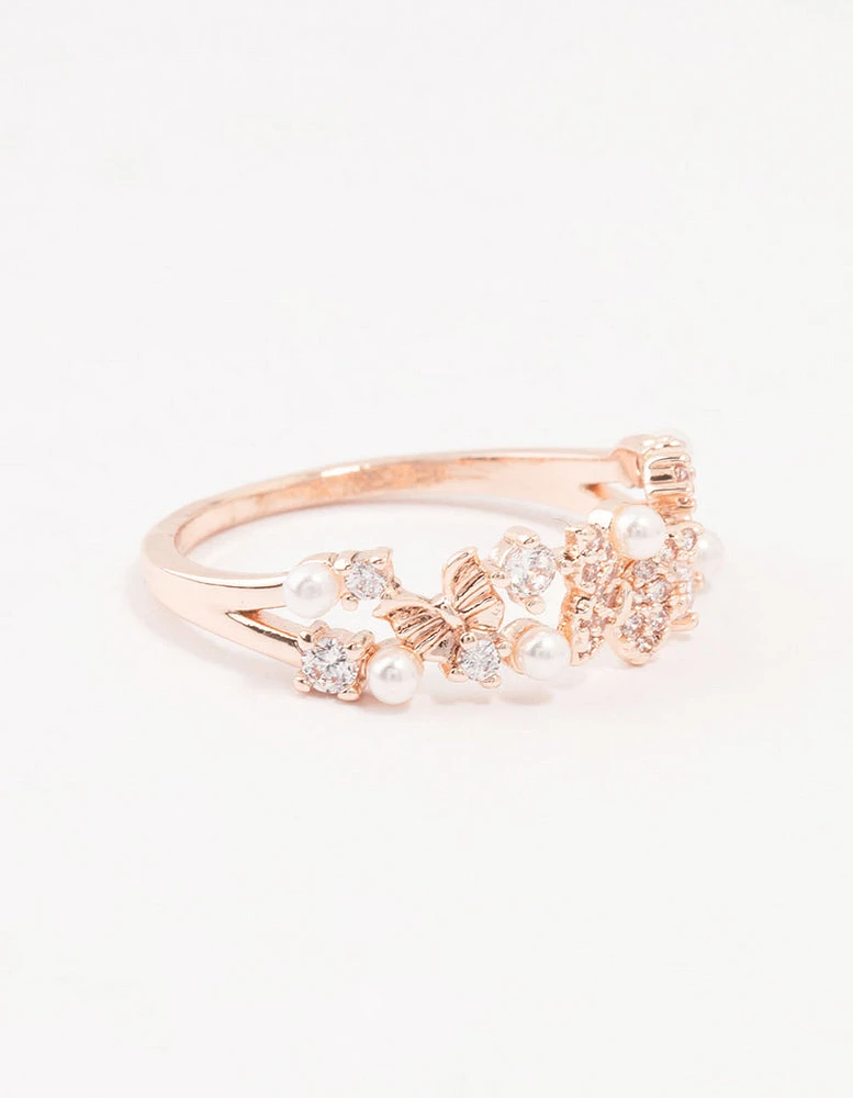 Rose Gold Plated Butterfly Pearl Band Ring