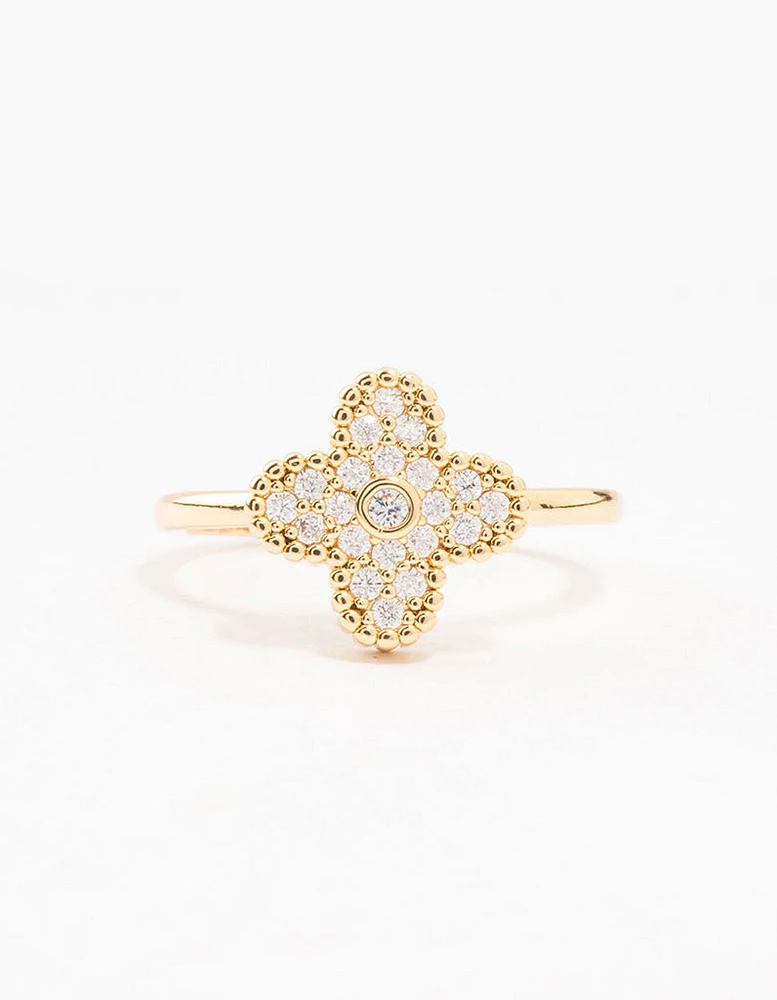 Gold Plated Cubic Zirconia Clover Statement Ring