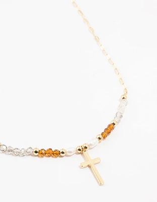 Gold Plated Bead & Pearl Cross Necklace