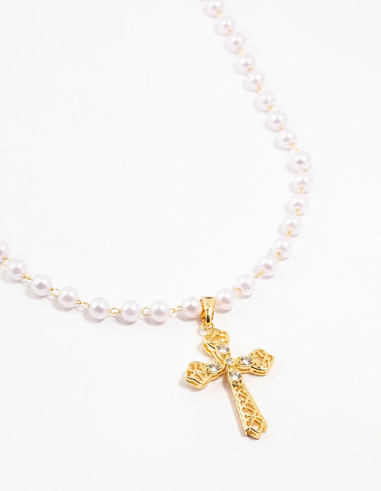 Gold Plated Pearl Baroque Cross Necklace